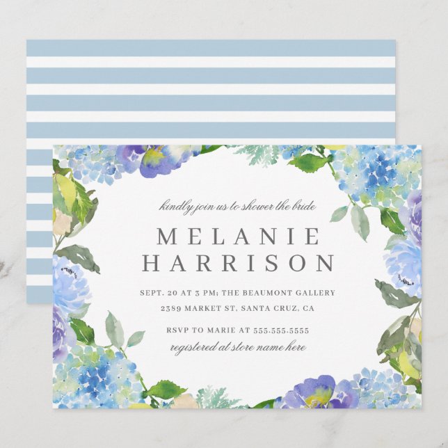 Blue Watercolor Floral Wreath Bridal Shower Invitation (Front/Back)