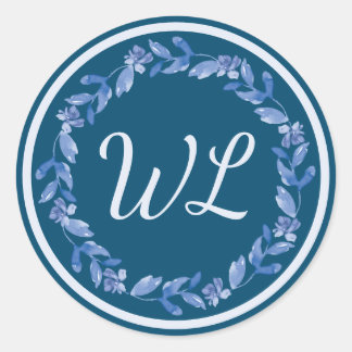 Blue Watercolor Floral Wreath Monogrammed Classic Round Sticker