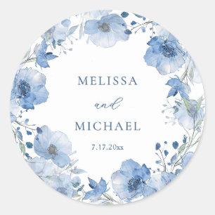 Blue Watercolor Floral Wreath Wedding Classic Round Sticker