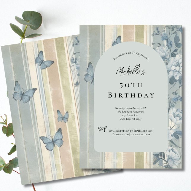 Blue Watercolor Florals Butterflies 50th Birthday Invitation (Blue Floral Butterflies 50th Birthday Invitation Template. Printed or Digital Download Invitation.)