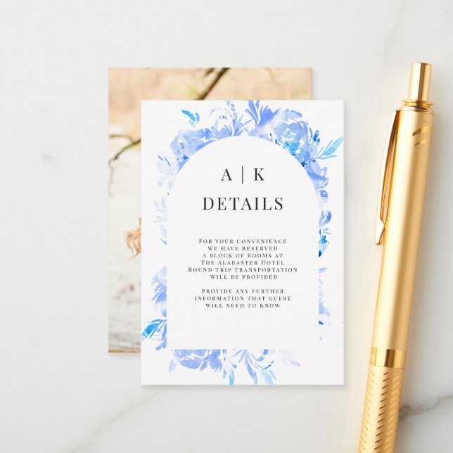Blue Watercolor Flower Arch Details Enclosure Card (Front/Back In Situ)