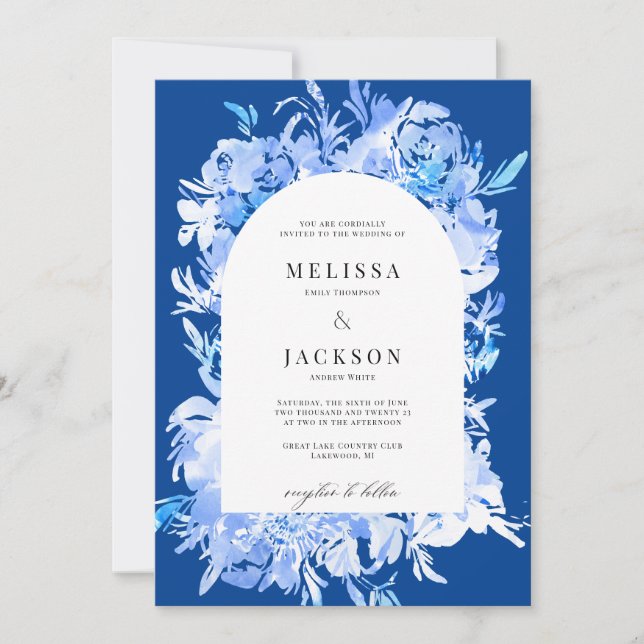 Blue Watercolor Flower Arch Wedding Invitation (Front)