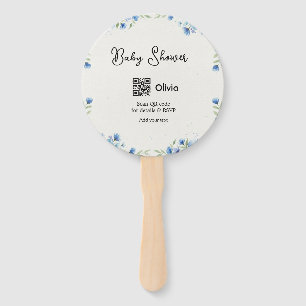 Blue watercolor flower baby shower scan QR RSVP pa Hand Fan