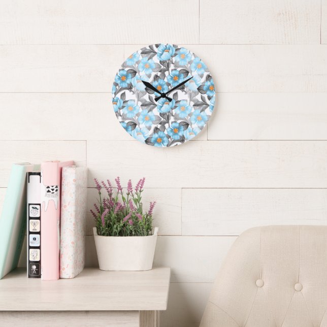 Blue Watercolor Flower - Botanical Floral Large Clock (Reading Room)