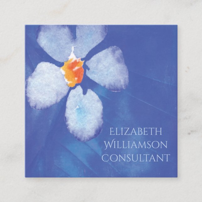 Blue Watercolor Flower Floral Professional Square Business Card (Front)