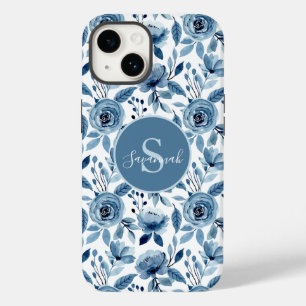 Blue Watercolor Flower Pattern with Monogram  Case-Mate iPhone 14 Case