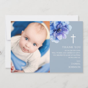 Blue Watercolor Flower Photo Baptism Christening Thank You Card