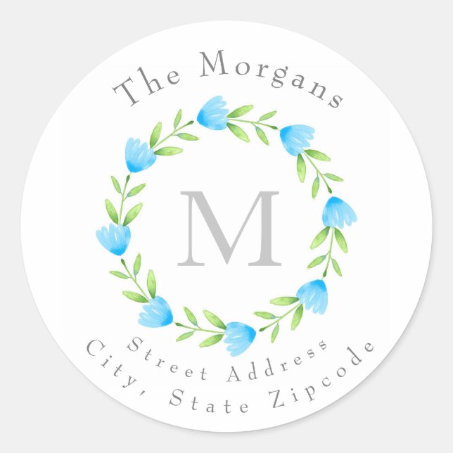 Blue Watercolor Flower Stem Wreath Labels (Front)