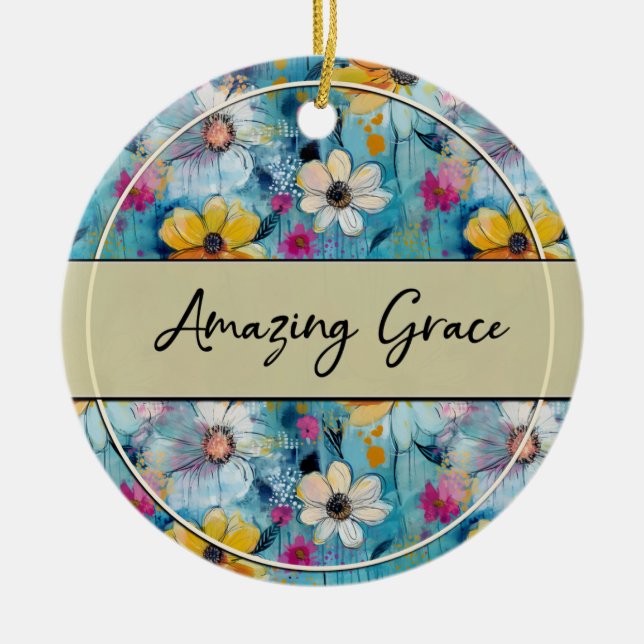 Blue Watercolor Flowers Amazing Grace Ceramic Ornament (Front)
