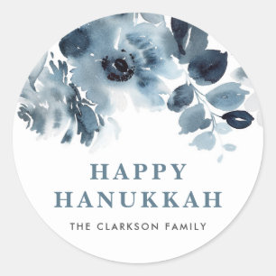 Blue Watercolor Flowers and Foliage Happy Hanukkah Classic Round Sticker