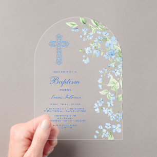 Blue Watercolor Flowers Arch Baptism Acrylic Invitations