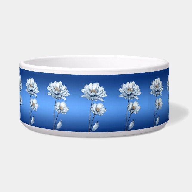 Blue Watercolor Flowers Ceramic Pet Bowl (Front)