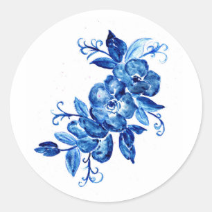 Blue Watercolor Flowers Classic Round Sticker
