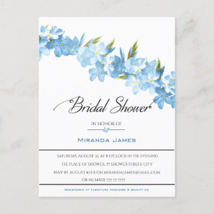 Blue Watercolor Flowers Elegant Bridal Shower Invitation Postcard