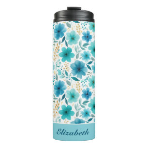 Blue Watercolor Flowers Elegant Custom Name Floral Thermal Tumbler