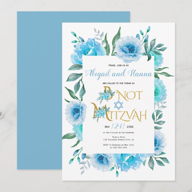 Blue watercolor flowers floral B'Not Mitzvah Invitation (Front/Back)