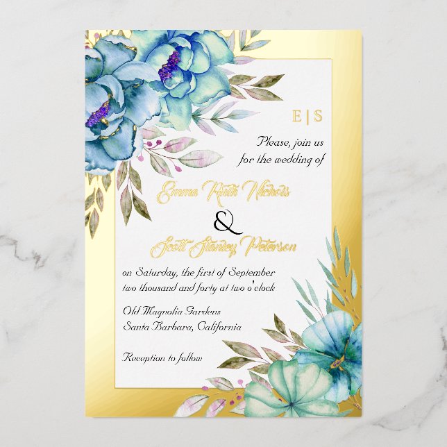 Blue watercolor flowers floral wedding gold (Front)