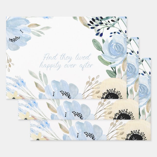 Blue Watercolor Flowers Frame Personalized  Wrapping Paper Sheet (Set)