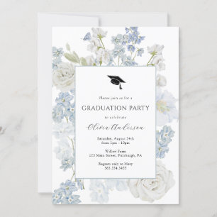 Blue Watercolor Flowers Graduation Party Invitation