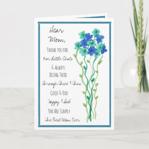 Blue Watercolor Flowers Happy Birthday Mom Card
