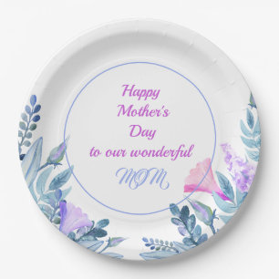 Blue Watercolor Flowers Mother's Day Paper Plate