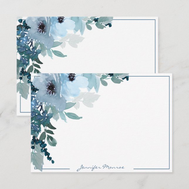Blue watercolor flowers personalized card (Front/Back)