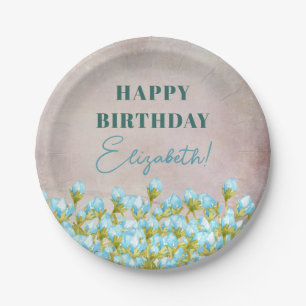 Blue Watercolor Flowers Rustic Background Paper Plate