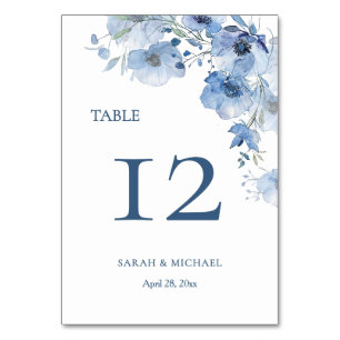 Blue Watercolor Flowers Table Number