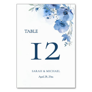 Blue Watercolor Flowers Table Number