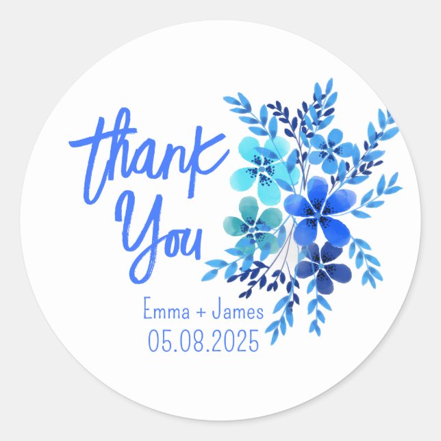 Blue Watercolor Flowers Thank You Sticker (Front)