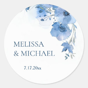 Blue Watercolor Flowers Wedding Classic Round Sticker