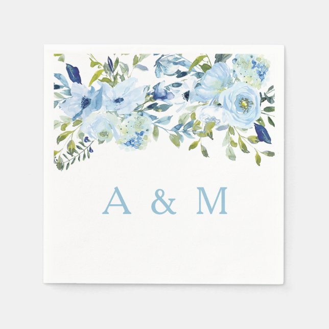Blue Watercolor Flowers Wedding Engagement Napkin (Front)
