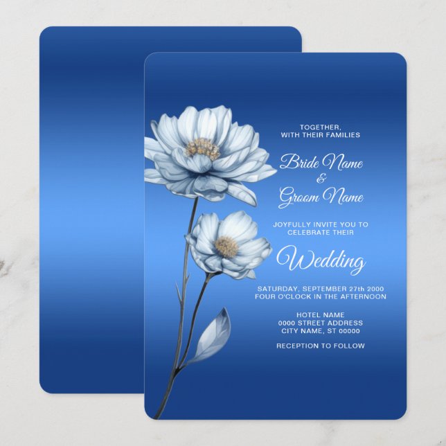 Blue Watercolor Flowers Wedding Invitation (Front/Back)