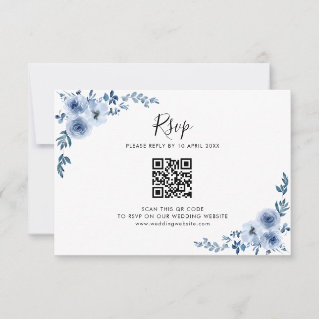 blue watercolor flowers wedding QR code RSVP card (Front)
