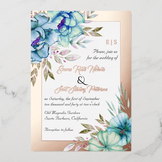 Blue watercolor flowers wedding rose gold foil (Front)