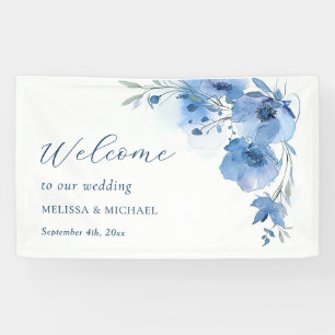 Blue Watercolor Flowers Wedding Welcome Banner
