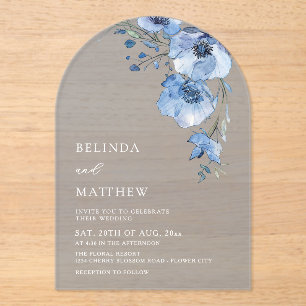 Blue Watercolor Flowers White Acrylic Invitations