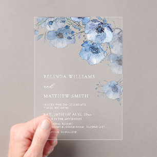 Blue Watercolor Flowers White Acrylic Invitations