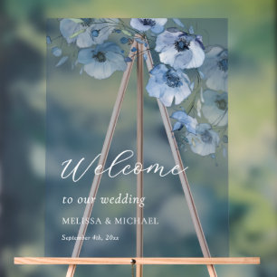 Blue Watercolor Flowers White Acrylic Sign