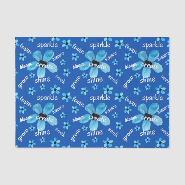 Blue Watercolor Flowers with Affirmations Tissue Paper (Front)