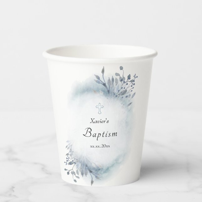 blue watercolor foliage Baptism Paper cup (Front)