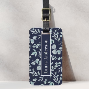 Blue Watercolor Foliage Custom Name Luggage Tag