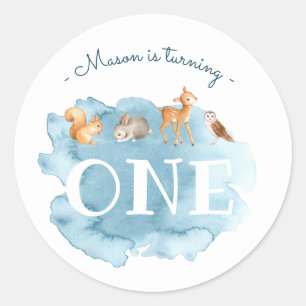 Blue Watercolor Forest Animal Boy's 1st Birthday Classic Round Sticker