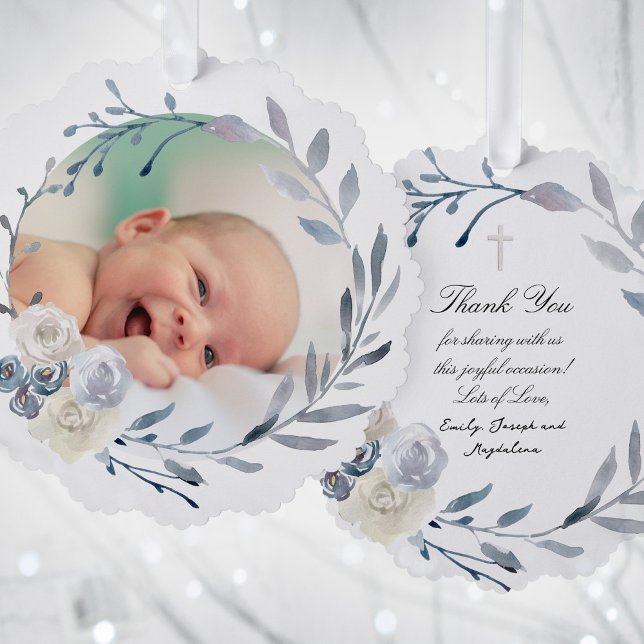 blue watercolor frame Baptism thank you  Ornament Card (Creator Uploaded)