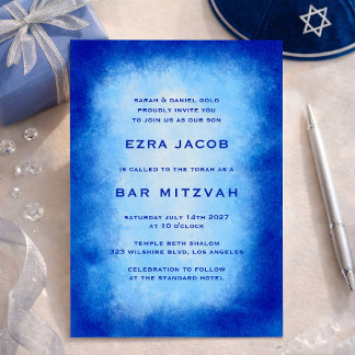Blue Watercolor Frame Custom Bar Bat Mitzvah Invitation