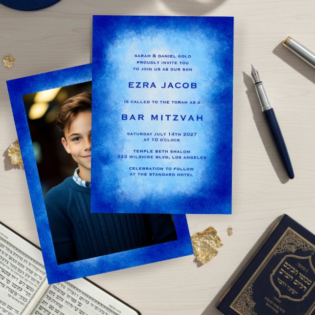 Blue Watercolor Frame Custom PHOTO Bar Bat Mitzvah Invitation (Blue Watercolor Frame Custom PHOTO Bar Bat Mitzvah Invitation
)
