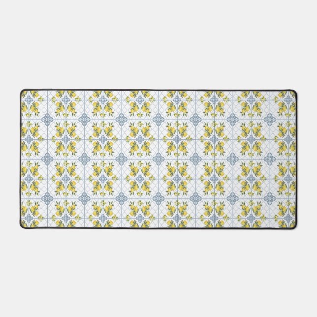 Blue Watercolor French Country Lemon Desk Mat (Front)