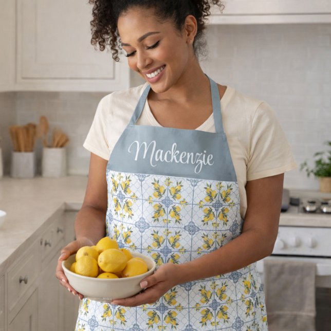 Blue Watercolor French Country Lemon Name Monogram Apron (Creator Uploaded)