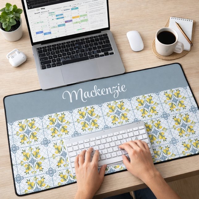 Blue Watercolor French Country Lemon Name Monogram Desk Mat (Creator Uploaded)