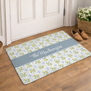 Blue Watercolor French Country Lemon Name Monogram Doormat